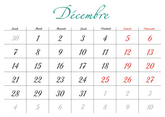 Minimalist French 2026 calendar with months and dates, clean typography design, white background