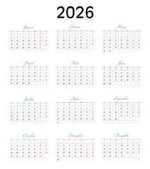 Minimalist French 2026 calendar with months and dates, clean typography design, white background