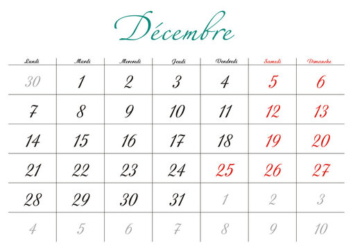 Minimalist French 2026 calendar with months and dates, clean typography design, white background