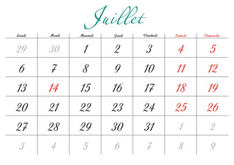 Minimalist French 2026 calendar with months and dates, clean typography design, white background