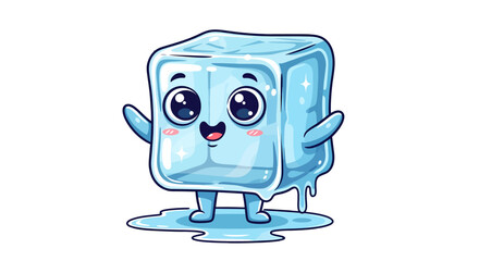 Cute cartoon ice cube character melting and waving enthusiastically with a happy expression and dripping water on a white background