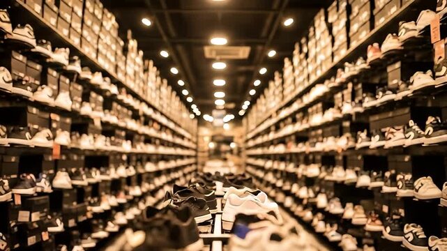 Vast collection of modern sneakers displayed on shelves in a well-lit retail store with numerous shoe boxes creating an endless perspective