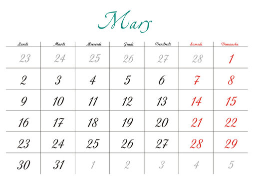 Minimalist French 2026 calendar with months and dates, clean typography design, white background