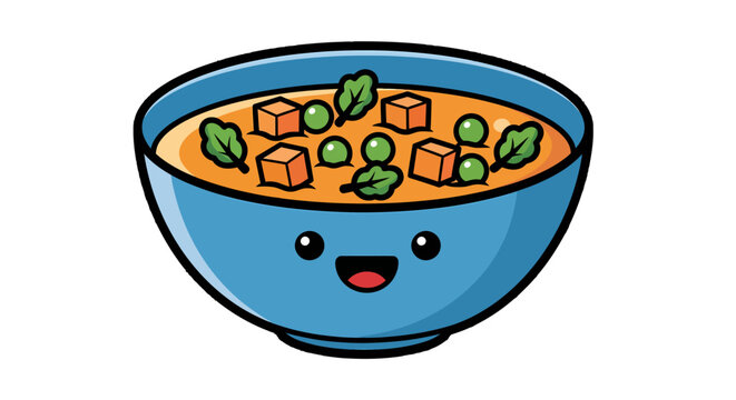 Smiling blue cartoon bowl of warm vegetable soup with peas and carrots, a delightful illustration for cheerful food graphics