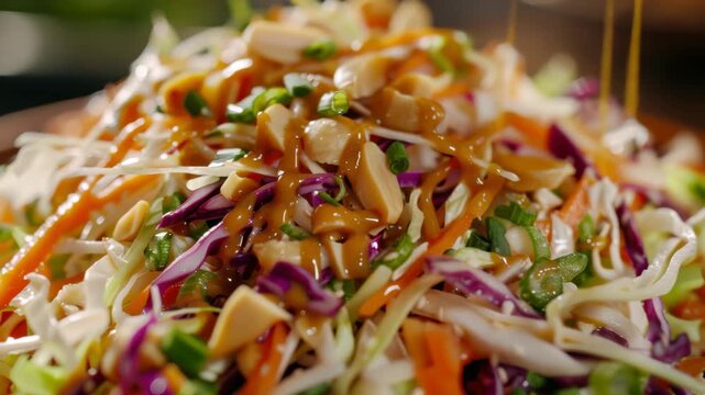 A colorful and appetizing salad featuring fresh vegetables drizzled with a tantalizing sauce.