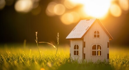 Miniature Wooden House Bathed in Golden Sunlight on Green Grass