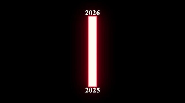 Minimal white progress bar animation showing transition from year 2025 to 2026 on black background. Great for New Year projects, timelines.