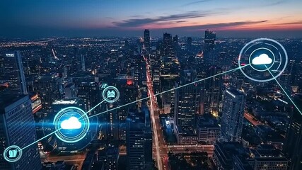 Aerial View of a Smart City with Cloud Computing Network and Data Icons. - Powered by Adobe