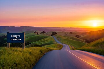Inspiring landscape with winding road sunset and believe in yourself sign