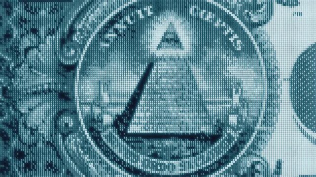 Digital Illuminati Eye Pyramid on 100 Dollars Bill Macro. Symbol of Secret Society, Global Power, Conspiracy, Masonic Sign, All Seeing Eye, Finance Control, Cyber Money, CBDC New World Order Concept