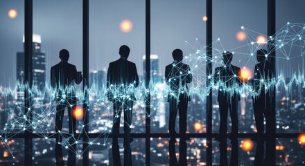 Silhouetted Business Team Contemplates Cityscape with Data Overlay at Night
