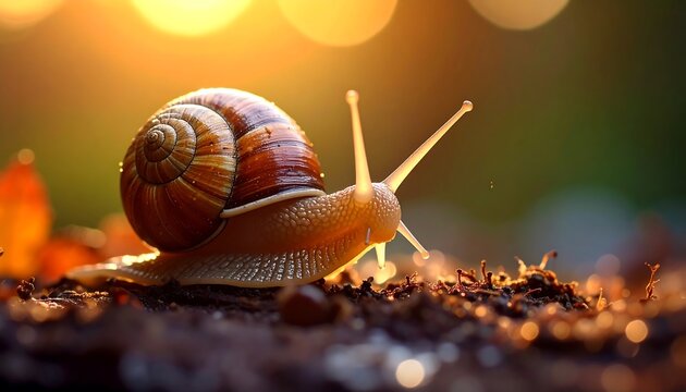 Close-up of a snail on damp ground with leaves, lit by golden sunlight. Bokeh effect in the background