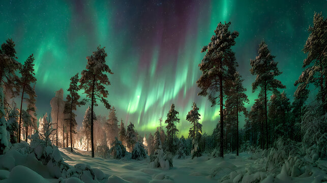 Northern lights over snow-covered pine forest, ultra-wide panoramic HDR capture, breathtaking seasonal landscape