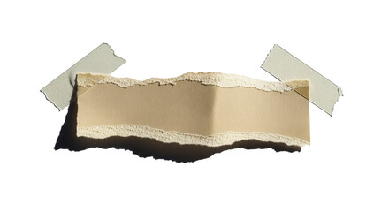 A torn piece of textured brown paper with rough edges held by two strips of white tape isolated on transparent background
