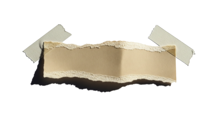 Roughly torn piece of textured brown paper with rough edges held by two strips of white tape isolated on transparent background 