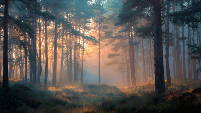 Pine forest illuminated by sunrise haze, cinematic focus stacking and soft pastel balance