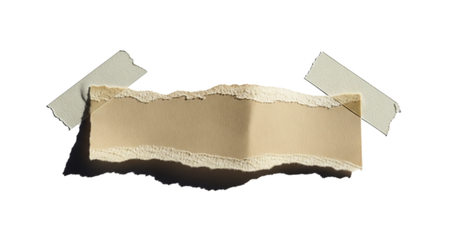 Roughly torn piece of textured brown paper with rough edges held by two strips of white tape isolated on transparent background - Powered by Adobe