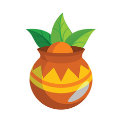 Kalash vector with coconut mango leaves flat colorful icon soft golden pot