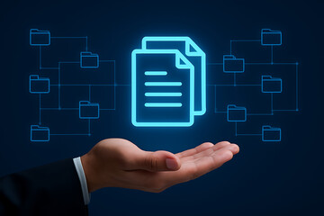 Hand holding a glowing blue icon of two documents connected to a network of folders representing digital document management secure data sharing cloud storage system and file organization