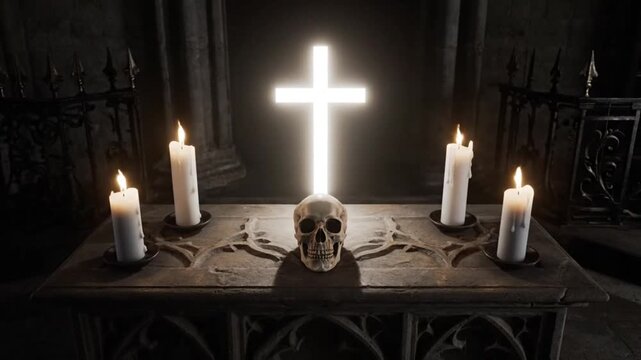 Eerie Altar Scene with Skull, Candles, and Glowing Cross in Dark Setting.
