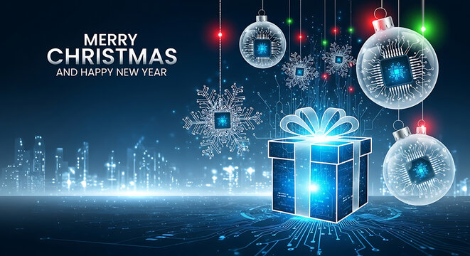Tech Christmas Gift Circuit Baubles and City Lights Holiday Season Celebration