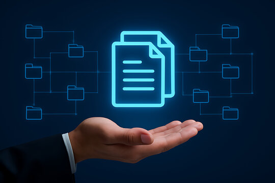 Hand holding a glowing blue icon of two documents connected to a network of folders representing digital document management secure data sharing cloud storage system and file organization - Powered by Adobe