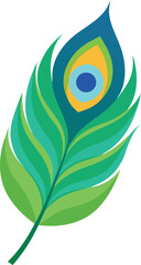 Peacock feather vector for Krishna puja flat bright illustration blue-green