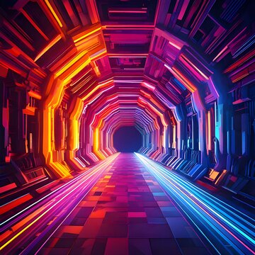 Futuristic Tunnel with Vibrant Neon Lights and Geometric Design.