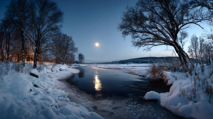 Naklejka premium River frozen beneath glowing moonlight, panoramic stillness and tranquil winter peace