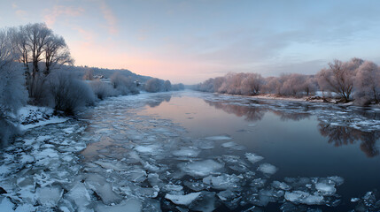 River frozen under pale morning sky, panoramic HDR tone and tranquil silence