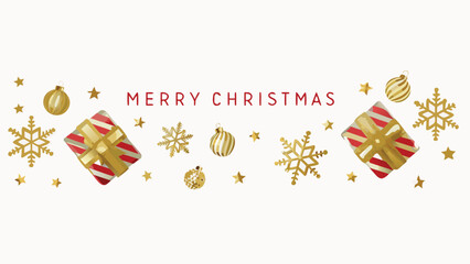 Obraz premium Elegant merry christmas greeting with golden snowflakes ornaments and gift boxes on a white background