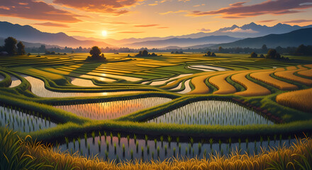 Sunrise over lush rice fields landscape
