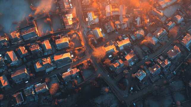 Rooftops glowing in sunset frost, aerial panorama and tranquil golden color grading