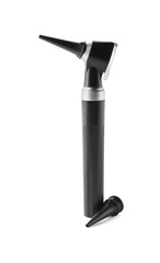 Hearing test. Otoscope and ear speculum isolated on white