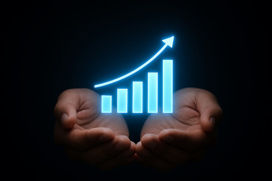 Hands holding a glowing blue bar chart graph showing increasing business growth and profit on a dark background concept of financial success investment and rising market value - Powered by Adobe