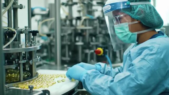 Dedicated worker carefully inspecting capsules on production line in pharmaceutical factory for quality assurance and medical safety