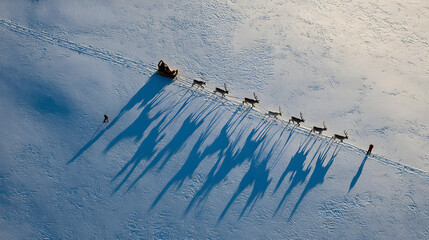 Santas sleigh shadow on snowy ground, aerial lighting and storytelling minimalist drama