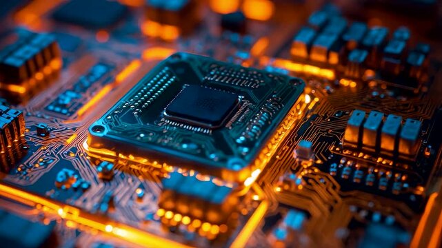 High detail view of electronic motherboard with glowing processor chip and digital circuits illuminated by orange and blue lighting effects