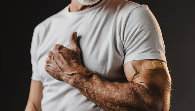Senior man with an adhesive bandage on his arm after vaccination gives a thumbs up, showing approval for immunization
