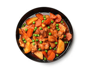 Delicious cooked stew isolated on white, top view