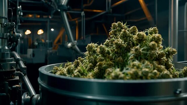 Industrial cannabis processing plant with fresh green buds collected in stainless steel container under controlled production lighting
