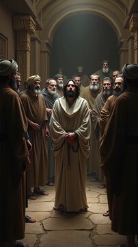 Jesus is being questioned by Caiaphas the high priest after being arrested