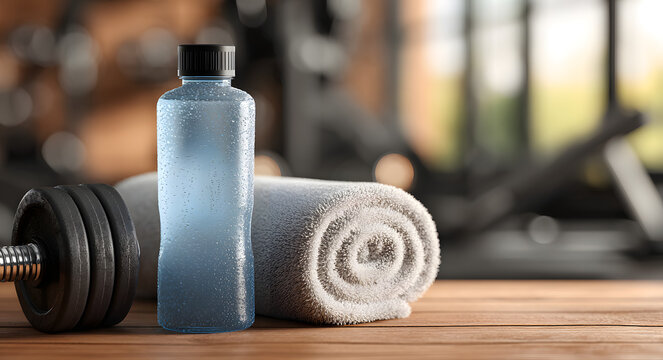 Blue electrolyte drink bottle with towel and dumbbell in gym, symbolizing hydration and fitness. - Powered by Adobe