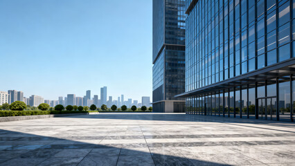 Modern Glass Office Buildings with Urban Skyline Under Blue Sky