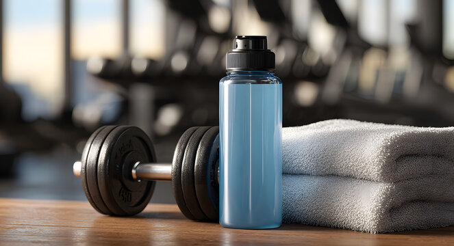 Blue electrolyte drink bottle with towel and dumbbell in gym, symbolizing hydration and fitness.
