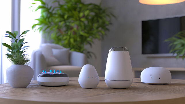 A collection of minimalist white smart home devices arranged on a wooden coffee table in a modern living room. This image represents the Internet of Things (IoT), home automation