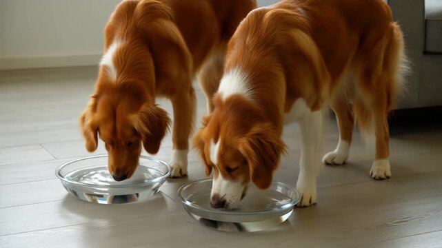 Two dogs drinking water from glass bowls, enjoying their refreshment Stock Video
