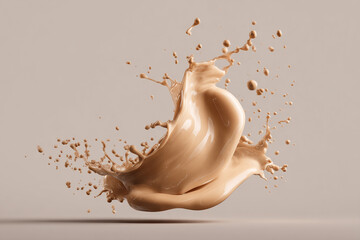 A graceful beige liquid splash with numerous flying droplets on a subtle light backdrop creating a dynamic suspended form