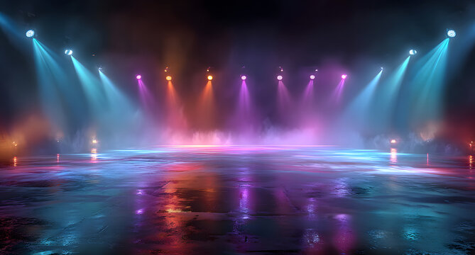 Empty stage background, neon glow, disco