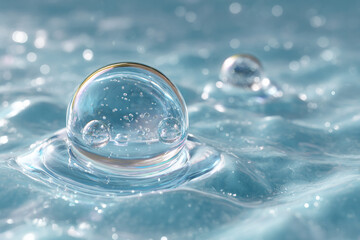 Transparent liquid sphere with small air bubbles gently sits on a shimmering blue rippled surface creating a refreshing abstract scene